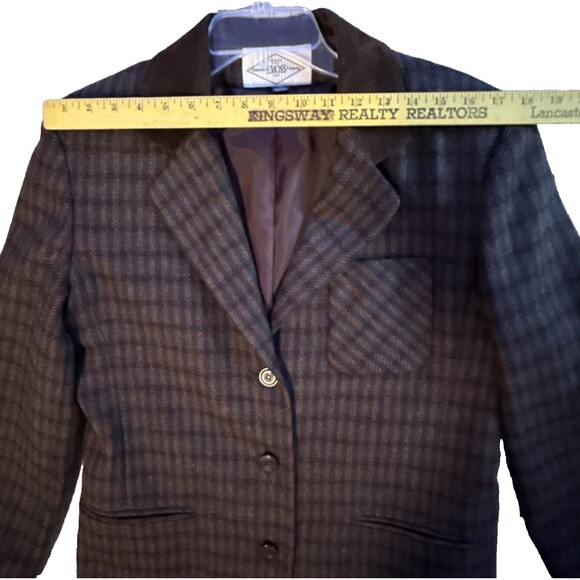 BMoss Heritage Plaid Wool Blazer Womens Sz M Suede Collar Equestrian Ivy League - Picture 11 of 14